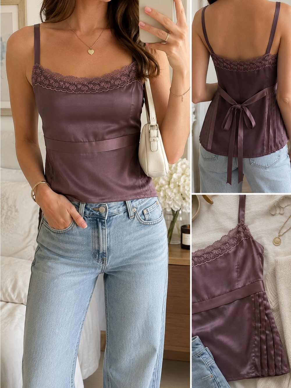 Old Navy Satin Lace Tie Back Camisole Top Mauve Purple Y2K Romantic Medium